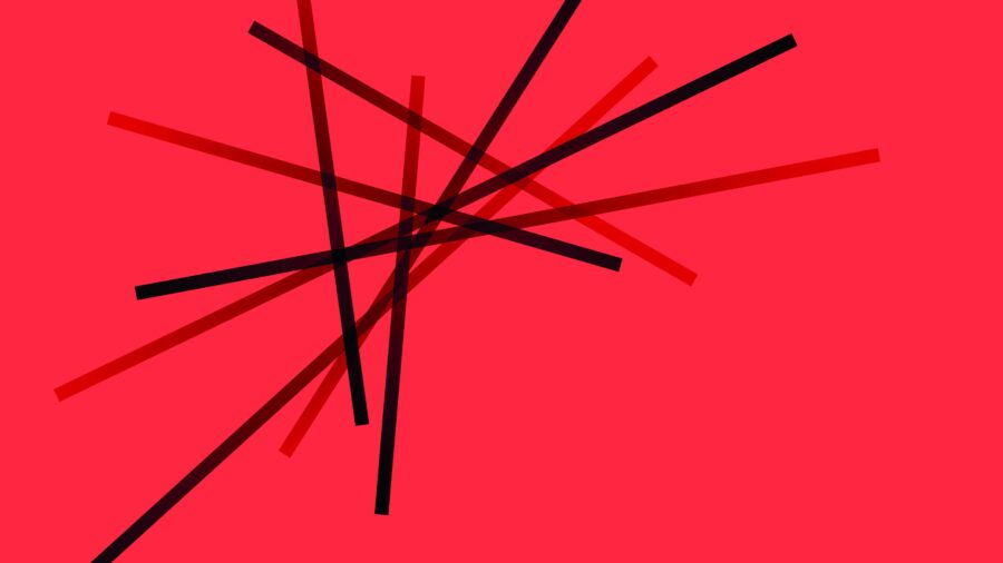 Abstrakte Darstellung roter Fläche mit überlappenden schwarzen und roten Linien, die Theaterlatten darstellen.