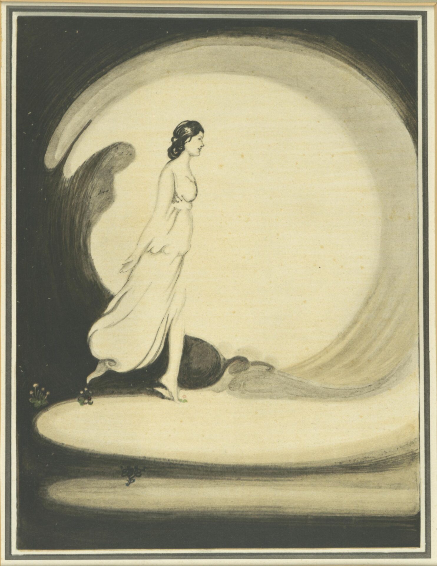 Zarte Zeichnung von Isadora Duncan im wehenden Kleid, die aus dunklem Schatten in einen hellen Kreis tritt.