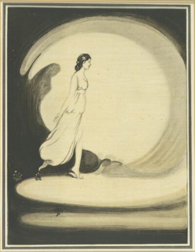 Zarte Zeichnung von Isadora Duncan im wehenden Kleid, die aus dunklem Schatten in einen hellen Kreis tritt.