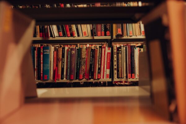 Blick durch Regalreihen voller Bücher auf noch mehr Bücher