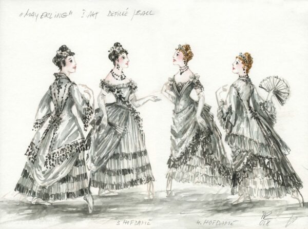 Vier gezeichnete Damen in Ballkleidern