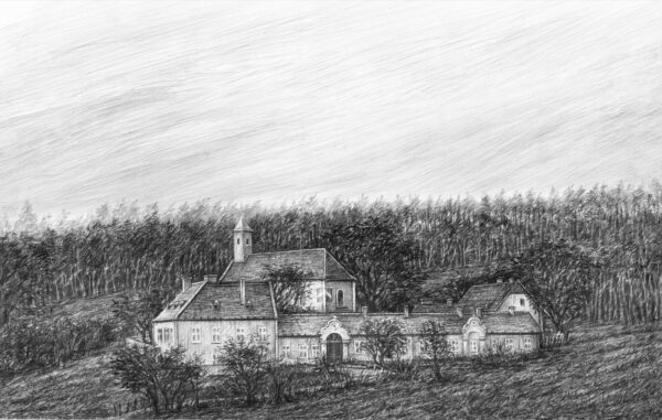 Bleistiftzeichnung eines Jagdschlosses im Wald, stark straffiert